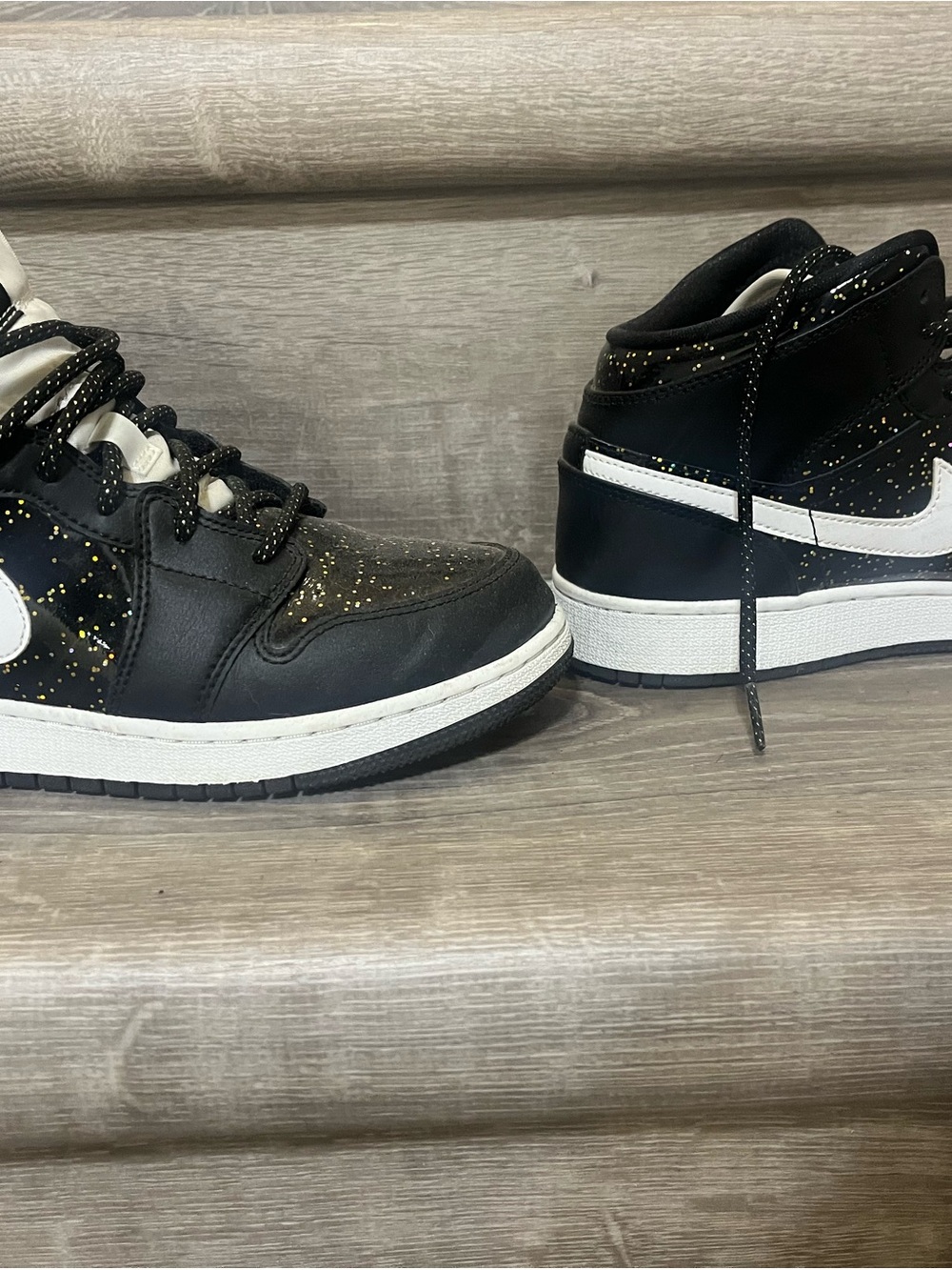 Kids Black and White High-Top Sneakers with Gold Speckle Detail